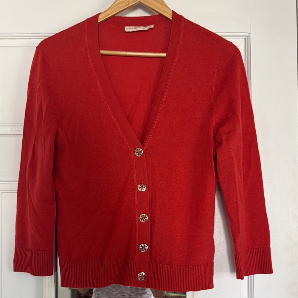 Tory Burch Red Cardigan Sweater V-Neck